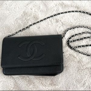 Chanel wallet on a chain .. black .. silver hardware. Very Good used condition